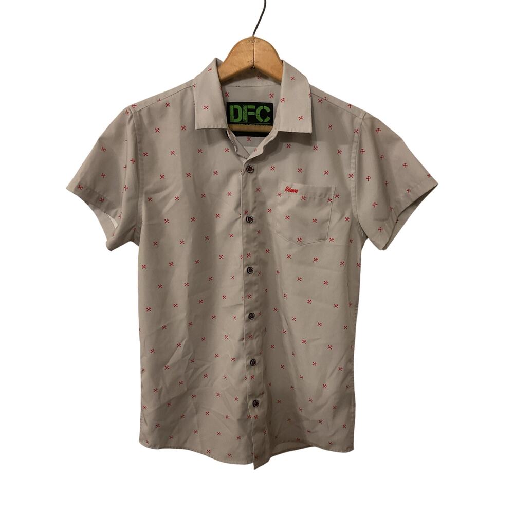 Dixxon Youth Large Finney Party Shirt Gray Red Tool Print Button Up Short Sleeve